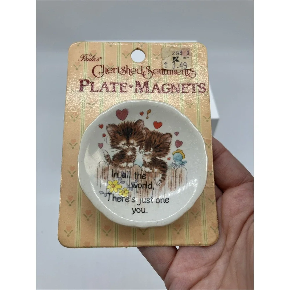 Vtg. Cherished Sentiments Plate Fridge‎ Magnet Cats Love Hearts Kitschy NOS